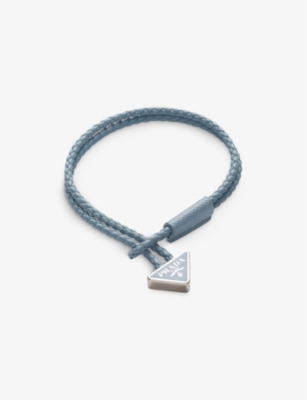 Prada Mens Light Blue Brand-plaque Braided Leather Bracelet