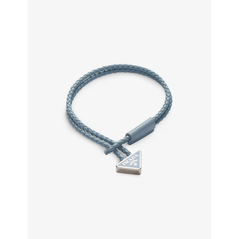 Prada Mens Light Blue Brand-plaque Braided Leather Bracelet