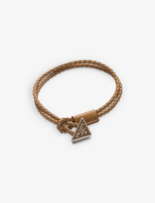 Shop Prada Mens Neutral Brand-plaque Braided Leather Bracelet