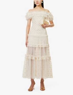 Needle & Thread Needle And Thread Womens Cream Polka Dot Sequin-embellished Recycled-polyester Maxi Dress In Cream