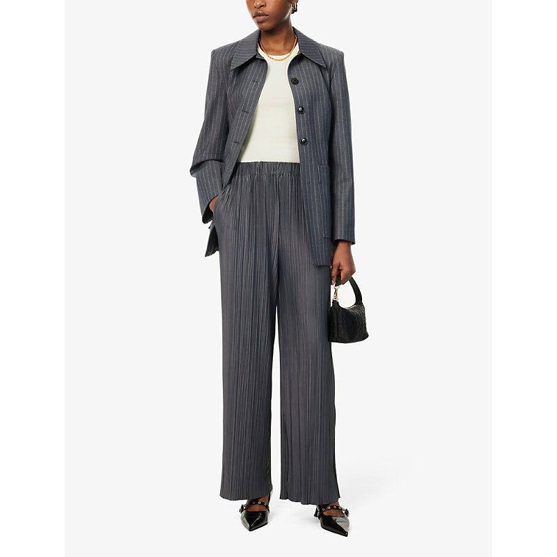 Shop Samsoe & Samsoe Samsoe Samsoe Women's Gray Pinstripe Uma Wide-leg High-rise Stretch-recycled Polyester Trousers