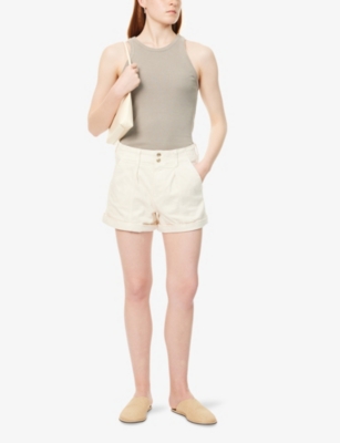 Shop Paige Brooklyn Turn-up Cuff Mid-rise Cotton-blend Denim Shorts In Quartz Sand