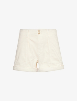 Shop Paige Brooklyn Turn-up Cuff Mid-rise Cotton-blend Denim Shorts In Quartz Sand