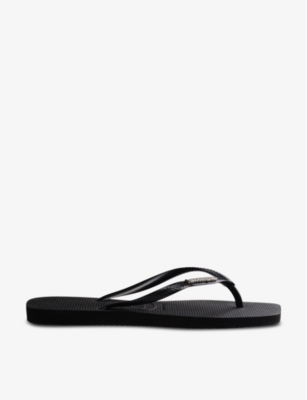 Shop Havaianas Women's Black/silver Square Logo-embossed Rubber Flip-flops