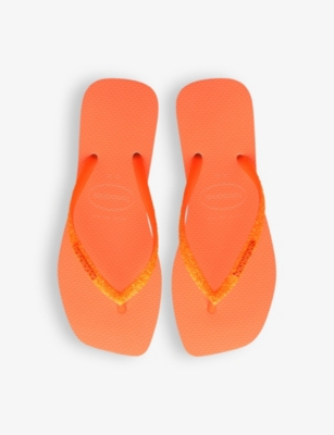 HAVAIANAS WOMENS SQUARE GLITTER LOGO-EMBOSSED RUBBER FLIP-FLOPS BEIGE/ORANGE 