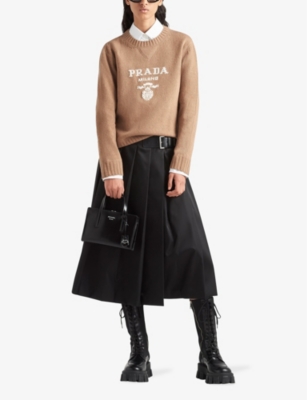 Prada Intarsia-knit Logo Jumper In Brown