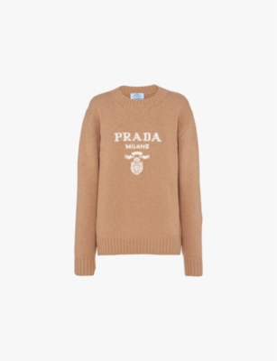 Shop Prada Logo-intarsia Cashmere And Wool-blend Sweater In Brown