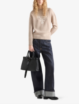 Prada Womens Neutral Logo-intarsia Cashmere And Wool-blend Sweater