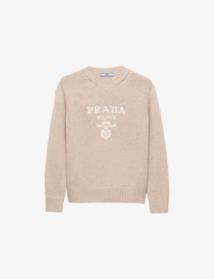 Prada Womens Neutral Logo-intarsia Cashmere And Wool-blend Sweater
