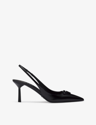 Prada Womens Black Logo-plaque Slingback Heeled Leather Pumps