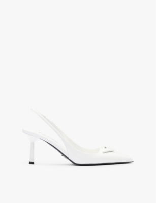 Prada Womens White Logo-plaque Slingback Heeled Leather Pumps