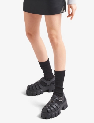 Shop Prada Womens Black Monolith Logo-plaque Chunky-sole Caged Rubber Sandals