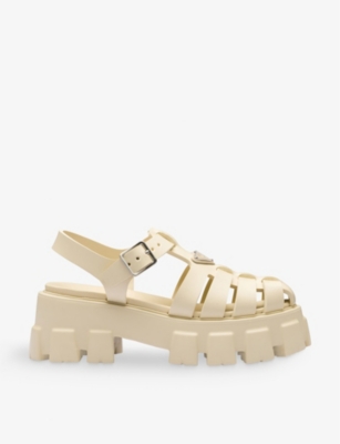 Prada Monolith Logo Detail High-heeled Sandals In Neutral