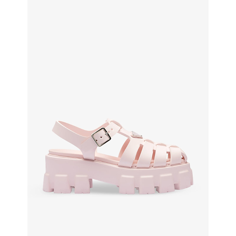 PRADA MONOLITH LOGO-PLAQUE CHUNKY-SOLE CAGED RUBBER SANDALS