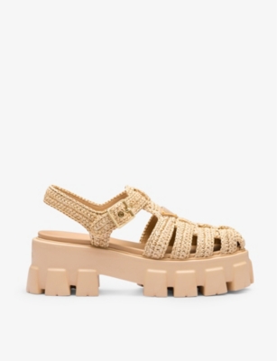 Shop Prada Monolith Logo-plaque Chunky-sole Caged Crochet Sandals In Neutral