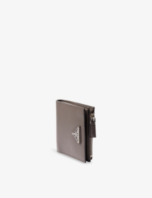 Prada Mens Grey Brand-plaque Small Saffiano Leather Wallet In Gray