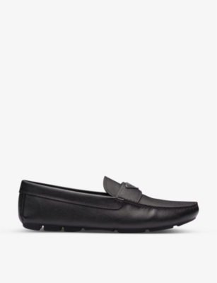 Shop Prada Logo-plaque Leather Driving Shoes In Black