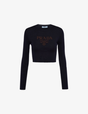 Shop Prada Womens  Logo-intarsia Cropped Silk Jumper In Blue