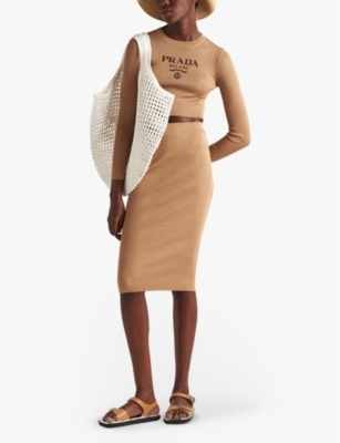 Prada Logo-intarsia Rib Cropped Silk Sweater In Brown
