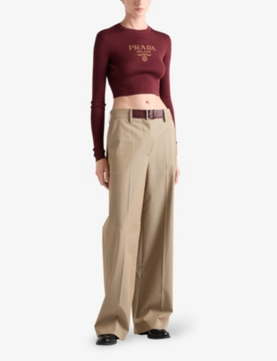 PRADA WOMENS BURGUNDY LOGO-INTARSIA CROPPED SILK JUMPER