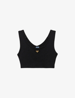 Shop Prada Womens Black Logo-plaque Cropped Cotton-jersey Tank Top