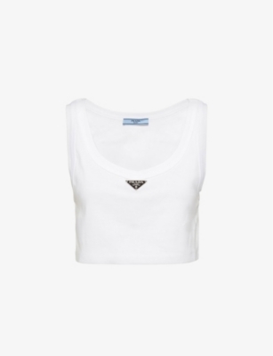 Prada Womens White Logo-plaque Cropped Cotton-jersey Tank Top