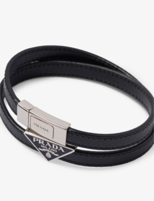 Prada Mens Black Logo-plaque Saffiano-leather Bracelet In Black