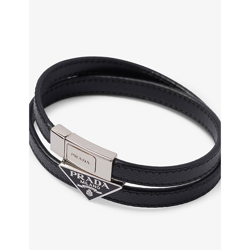 Shop Prada Mens Black Logo-plaque Saffiano-leather Bracelet