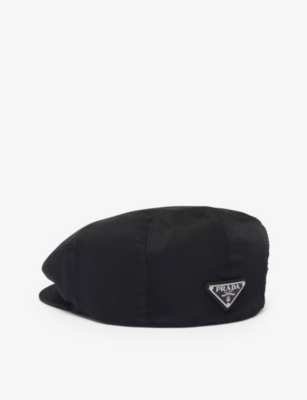 Prada Mens Black Triangle-plaque Re-nylon Beret Hat