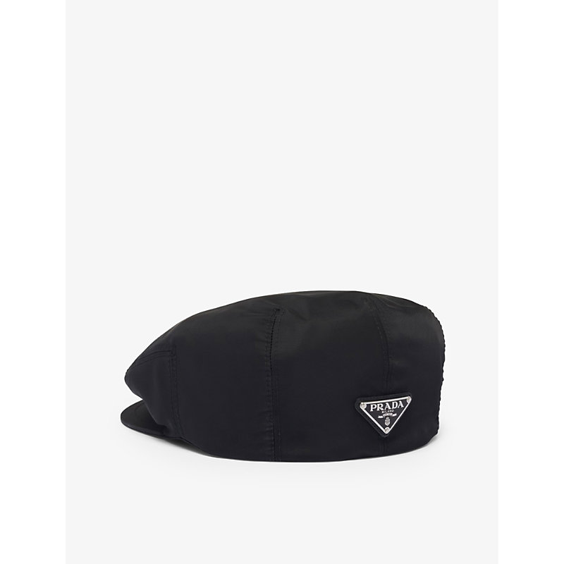 Prada Mens Black Triangle-plaque Re-nylon Beret Hat