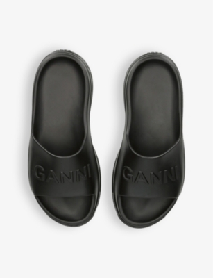 Shop Ganni Logo-debossed Lightweight Rubber Sliders In Black