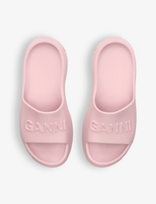 Shop Ganni Women's Pale Pink Logo-debossed Lightweight Rubber Sliders