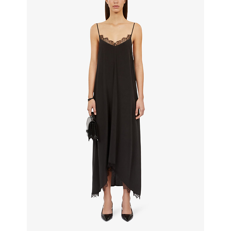 Shop The Kooples Women's Black Lace-embroidered Slim-fit Silk Midi Dress