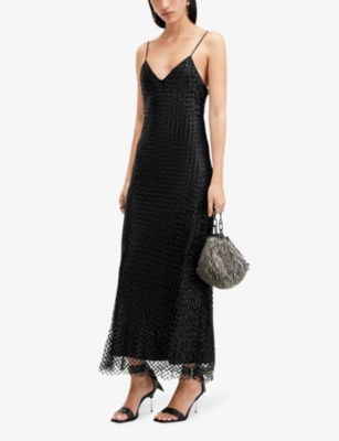 ALLSAINTS WOMENS BLACK CHANTELLE SEQUIN-EMBELLISHED V-NECK WOVEN MIDI DRESS 