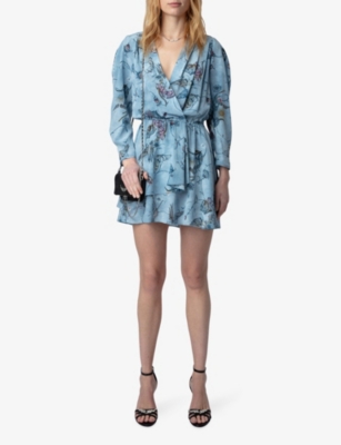 Shop Zadig & Voltaire Zadig&voltaire Women's Glacier Rogers Graphic-print Elasticated-waist Silk Mini Dress