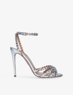 AQUAZZURA: Tequila 105 Crystal-Embellished Leather Heeled Sandals