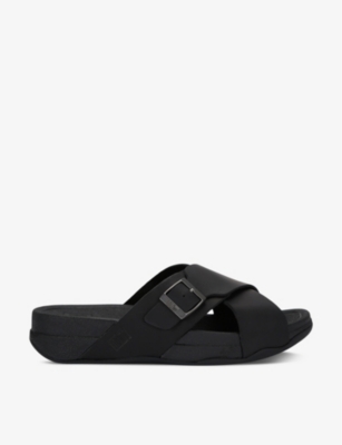 Shop Fitflop Surfer Cross-strap Leather Sandals In Black