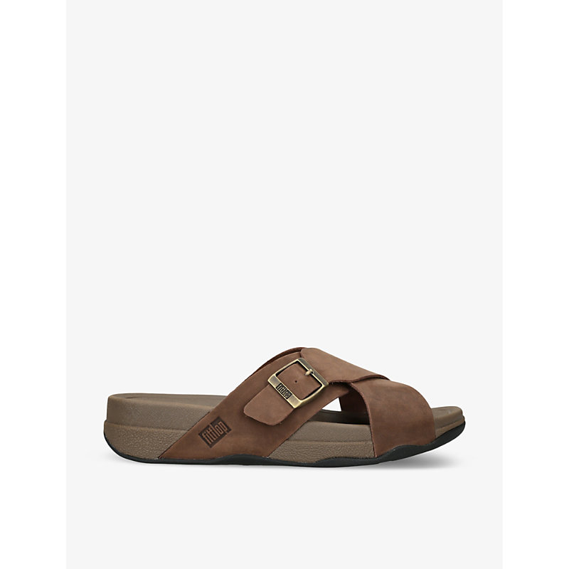 Shop Fitflop Surfer Cross-strap Leather Sandals In Brown