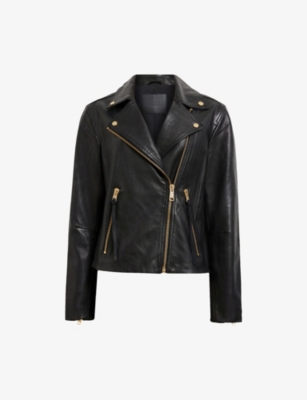 ALLSAINTS WOMENS DALBY SLIM-FIT METAL-HARDWARE LEATHER JACKET BLACK/GOLD 