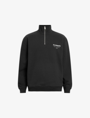 Allsaints Mens  Underground Logo-print Half-zip Organic-cotton Sweatshirt In Black/white