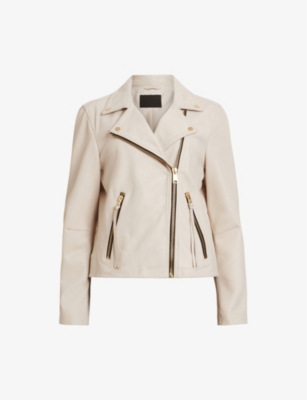 Allsaints Dalby Leather Biker Jacket In Ivory White