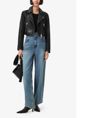Allsaints Womens  Elora Slim-fit Cropped Leather Biker Jacket In Black/gold