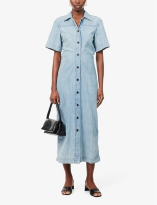 Shop None Chambray Short-sleeve Denim Maxi Dress In Light Blue Wash