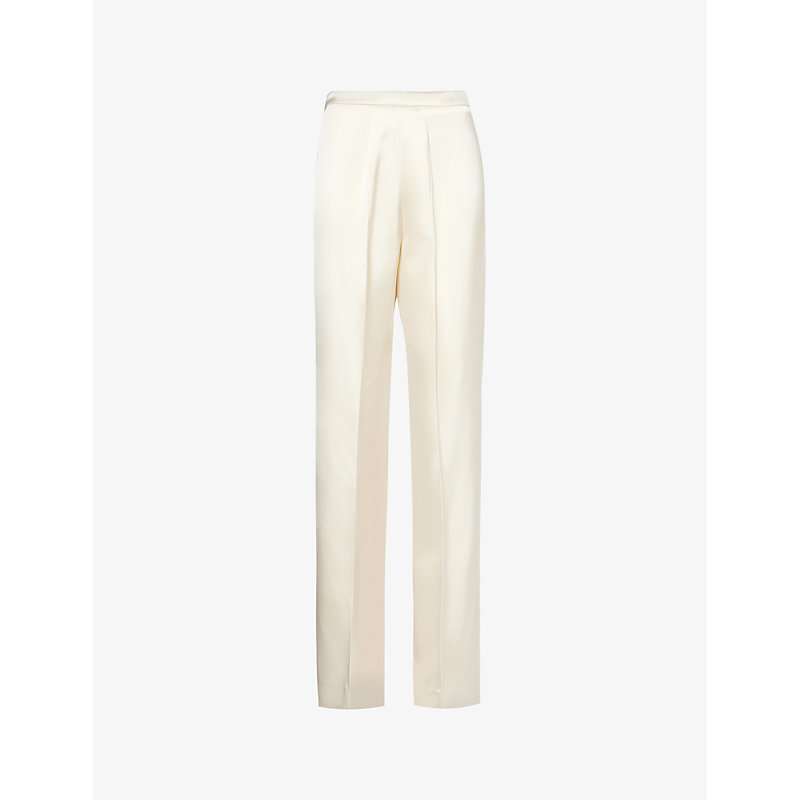 Shop Another Tomorrow Women's Cream Pintuck High-rise Straight-leg Satin Trousers