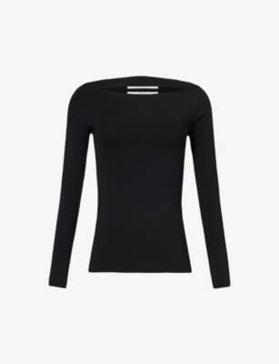 Shop Another Tomorrow Women's Black Cut-out Slim-fit Knitted Top