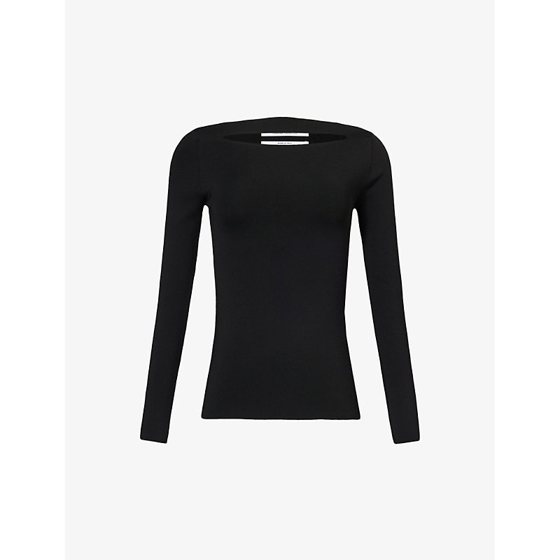 Shop Another Tomorrow Women's Black Cut-out Slim-fit Knitted Top
