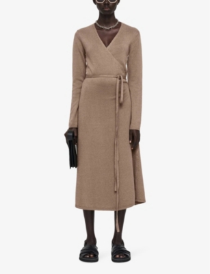 Shop Joseph Women's Frozen Mocha Wrap-over Long-sleeve Stretch Linen-blend Midi Dress