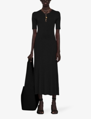 Shop Joseph Womens Black Fit-and-flare Ribbed Woven-blend Midi Dress