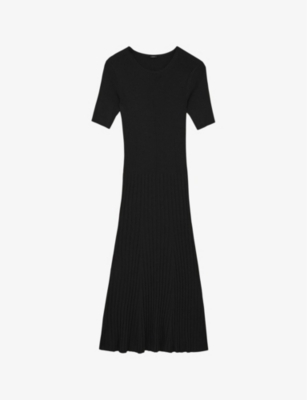 Shop Joseph Women's Black Fit-and-flare Ribbed Woven-blend Midi Dress
