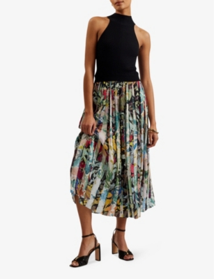 Shop Ted Baker Women's Black Corino Floral-skirt High-neck Woven Midi Dress